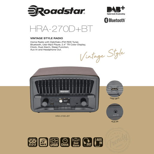 Roadstar HRA-270D+BT Rádio Digital Portátil Vintage DAB+FM Bluetooth USB, Estéreo, AUX-IN, Relógio de Alarme Duplo, , Madeira