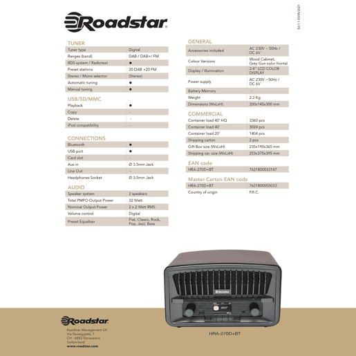 Roadstar HRA-270D+BT Rádio Digital Portátil Vintage DAB+FM Bluetooth USB, Estéreo, AUX-IN, Relógio de Alarme Duplo, , Madeira