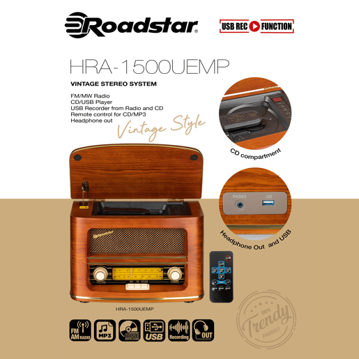 Roadstar HRA-1500CD-MP3UEMP Rádio CD Portátil VintageFM MW, Leitor de CD-MP3, USB, Controlo Remoto, , Madeira