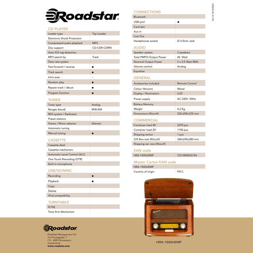 Roadstar HRA-1500CD-MP3UEMP Rádio CD Portátil VintageFM MW, Leitor de CD-MP3, USB, Controlo Remoto, , Madeira