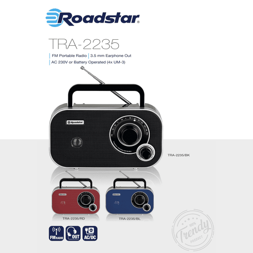 Roadstar TRA-2235RD Rádio Portátil FM Analógico, Alimentação por Rede  Bateria, Tomada para Auscultadores, Pequeno, , Vermelho