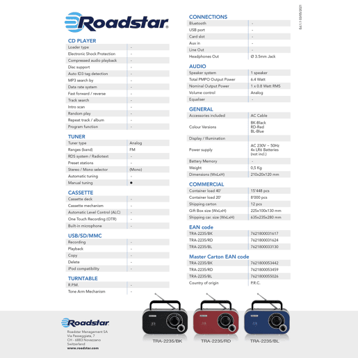 Roadstar TRA-2235RD Rádio Portátil FM Analógico, Alimentação por Rede  Bateria, Tomada para Auscultadores, Pequeno, , Vermelho
