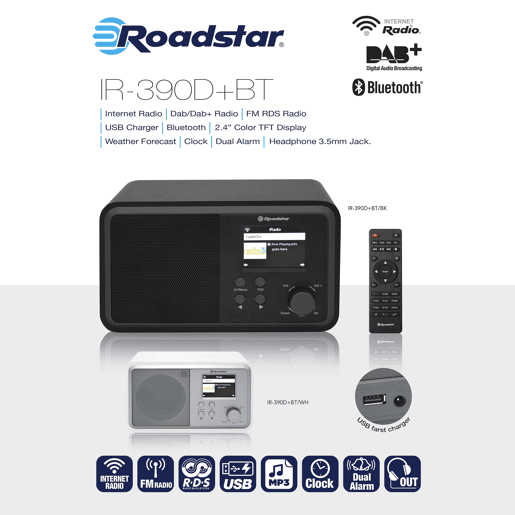 Roadstar IR-390D+BTBK Rádio Wi-Fi Internet Digital DAB DAB+ FM, Bluetooth, USB Controlo Remoto, Relógio de Alarme, , Preto Roadstar IR-390D+BTBK Rádio Wi-Fi Internet Digital DAB DAB+ FM, Bluetooth, USB Controlo Remoto, Relógio de Alarme, , Preto