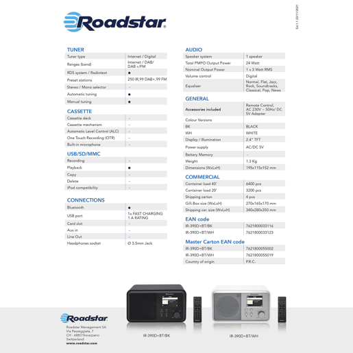 Roadstar IR-390D+BTBK Rádio Wi-Fi Internet Digital DAB DAB+ FM, Bluetooth, USB Controlo Remoto, Relógio de Alarme, , Preto Roadstar IR-390D+BTBK Rádio Wi-Fi Internet Digital DAB DAB+ FM, Bluetooth, USB Controlo Remoto, Relógio de Alarme, , Preto