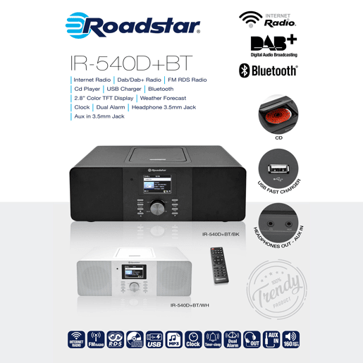 Roadstar IR-540D+BTBK Micro System Rádio Wi-Fi Internet e Digital DAB+ FM, Leitor de CD-MP3, Bluetooth, USB, , Preto