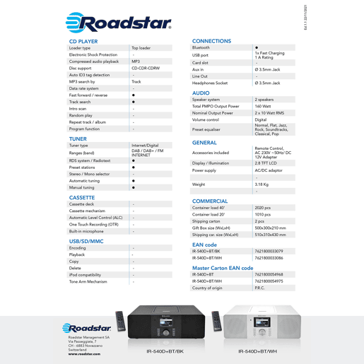 Roadstar IR-540D+BTBK Micro System Rádio Wi-Fi Internet e Digital DAB+ FM, Leitor de CD-MP3, Bluetooth, USB, , Preto