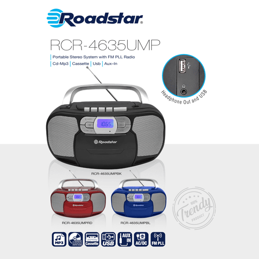 Roadstar RCR-4635UMPRD Rádio CD Player Portátil PLL FM, Leitor de CD-MP3, Cassete, USB, AUX-IN, Saída de Auscultadores, , Vermelho