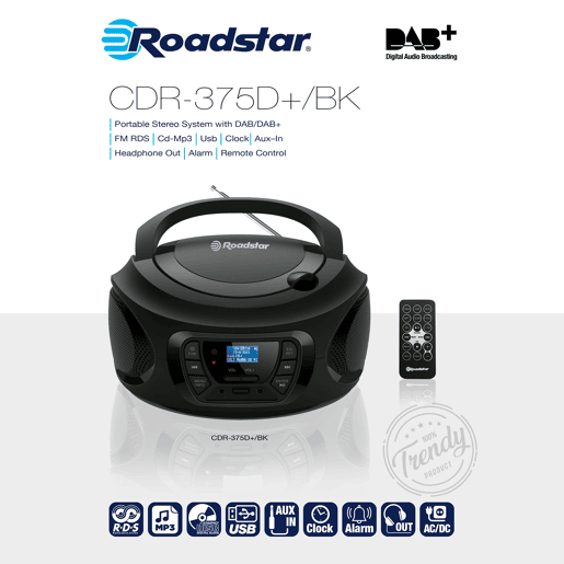 Roadstar CDR-375D+BK Rádio CD Player Portátil DAB DAB+ FM, Leitor de CD-MP3, USB, Stereo, Controlo Remoto, AUX-IN, , Preto