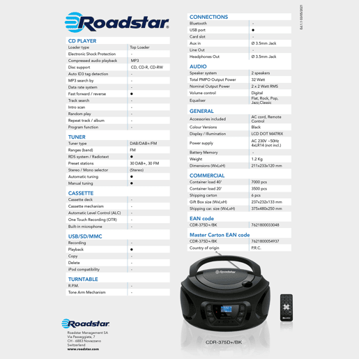 Roadstar CDR-375D+BK Rádio CD Player Portátil DAB DAB+ FM, Leitor de CD-MP3, USB, Stereo, Controlo Remoto, AUX-IN, , Preto