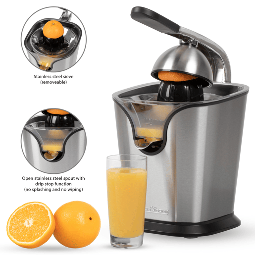 Proficook ZP 1154 Espremedor com Alavanca Elétrico de Citrinos Inox, 2 Cones, Aço Inoxidável, Anti-Gota, 160, Cinza Proficook ZP 1154 Espremedor com Alavanca Elétrico de Citrinos Inox, 2 Cones, Aço Inoxidável, Anti-Gota, 160, Cinza