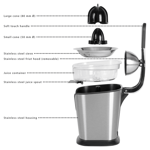 Proficook ZP 1154 Espremedor com Alavanca Elétrico de Citrinos Inox, 2 Cones, Aço Inoxidável, Anti-Gota, 160, Cinza Proficook ZP 1154 Espremedor com Alavanca Elétrico de Citrinos Inox, 2 Cones, Aço Inoxidável, Anti-Gota, 160, Cinza