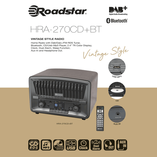 Roadstar HRA-270CD-MP3CD+BT Rádio CD Portátil Vintage Digital DAB+FM Leitor de CD-MP3, Bluetooth, USB, Controlo Remoto, , Madeira