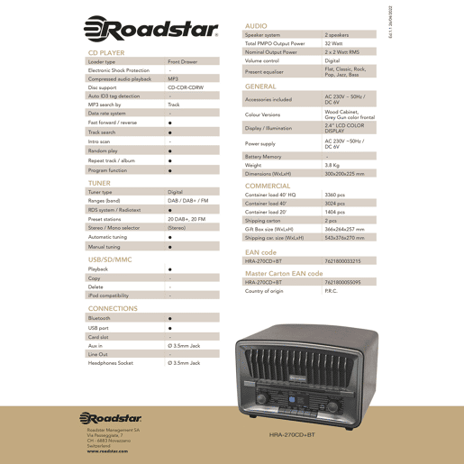 Roadstar HRA-270CD-MP3CD+BT Rádio CD Portátil Vintage Digital DAB+FM Leitor de CD-MP3, Bluetooth, USB, Controlo Remoto, , Madeira