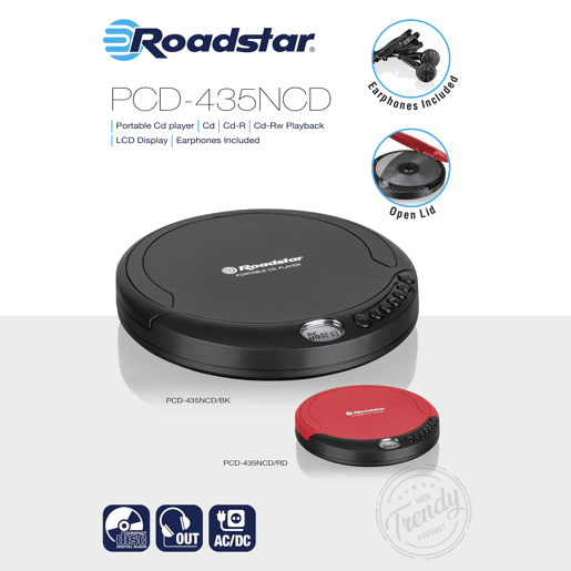 Roadstar PCD-435NCDBK Discman Leitor de CD, CDA, CD-R, CD-RW, Portátil com Auscultadores Incluídos, sem Fios Ecrã LCD, , Preto