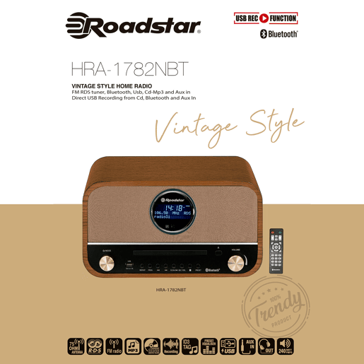 Roadstar HRA-1782NBT Aparelhagem de som Vintage, Rádio Digital FM, Leitor de CD-MP3, Bluetooth, Gravação e Reprodução USB, , Madeira