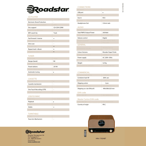 Roadstar HRA-1782NBT Aparelhagem de som Vintage, Rádio Digital FM, Leitor de CD-MP3, Bluetooth, Gravação e Reprodução USB, , Madeira