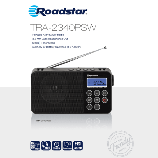 Roadstar TRA-2340PSW Rádio Digital Portátil Multiband AM  FM  SW Alimentação por Rede  Bateria, Pequeno Leve, , Preto