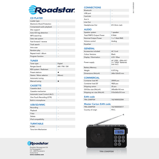 Roadstar TRA-2340PSW Rádio Digital Portátil Multiband AM  FM  SW Alimentação por Rede  Bateria, Pequeno Leve, , Preto