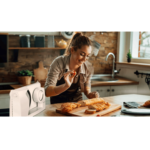 MPM MKR-05 Fatiador Cortador en Fatia de Carnes e Pão, Espessura de Corte Ajustável 0 -15 mm, Roda Aço Inoxidável 170mm, 150, Branco