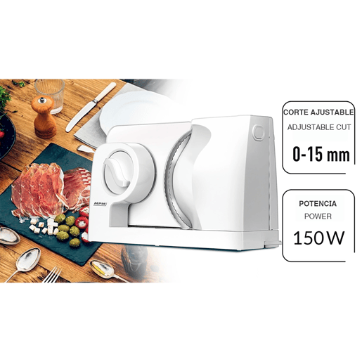 MPM MKR-05 Fatiador Cortador en Fatia de Carnes e Pão, Espessura de Corte Ajustável 0 -15 mm, Roda Aço Inoxidável 170mm, 150, Branco