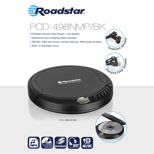 Roadstar PCD-498NMPBK Discman Leitor CD-MP3  WMA Portátil com Auriculares Incluído, Função Anti-Choque, Cabo USB, , Preto