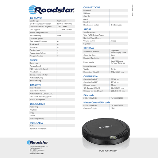 Roadstar PCD-498NMPBK Discman Leitor CD-MP3  WMA Portátil com Auriculares Incluído, Função Anti-Choque, Cabo USB, , Preto