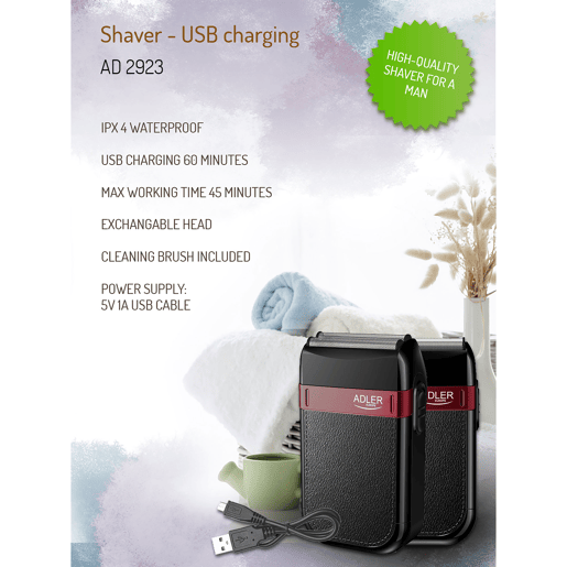 Adler AD2923 Máquina da Barbear Eléctrico, 2 Cabeças, sem Fio, IPX 4 Resistente à Água Autonomia 45 min, , Preto