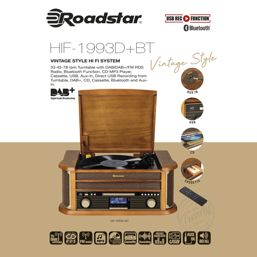 Roadstar HIF1993DBT Tocadiscos de Vinilo Vintage Rádio DABDAB+FM Leitor de CD-MP3 Cassetes, Bluetooth, USB, , Madeira