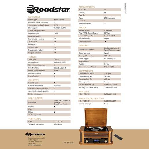 Roadstar HIF1993DBT Tocadiscos de Vinilo Vintage Rádio DABDAB+FM Leitor de CD-MP3 Cassetes, Bluetooth, USB, , Madeira
