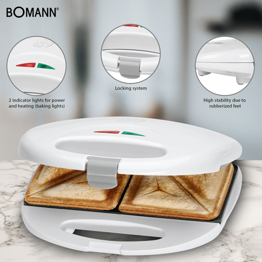 Bomann ST 5016 CB Sanduicheira 2 Sanduíches, Revestimento Anti-aderente, Controlo Automático da Temperatura, 750, Branco