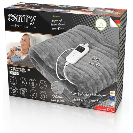 Camry CR7434 Cobertor Eléctrico 160 x 180cm 7 Níveis de Temperatura, Temporizador 1-9 horas, 120, Cinza Camry CR7434 Cobertor Eléctrico 160 x 180cm 7 Níveis de Temperatura, Temporizador 1-9 horas, 120, Cinza