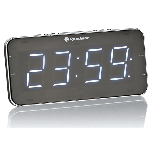 Roadstar CLR-2615 Rádio Despertador FM PLL, 2 Alarmes, Visor LCD grande, Função Soneca, Temporizador, Extra Plano, , Prata negra