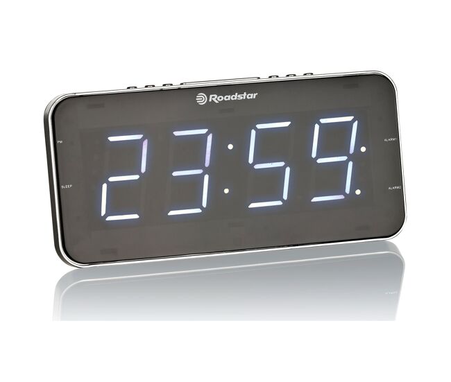 Roadstar clr-2615 radio reloj despertador digital pll fm 2 alarmas, gran pantalla lcd, snooze, temporizador, slim, , negro/plata
