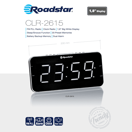 Roadstar CLR-2615 Rádio Despertador FM PLL, 2 Alarmes, Visor LCD grande, Função Soneca, Temporizador, Extra Plano, , Prata negra