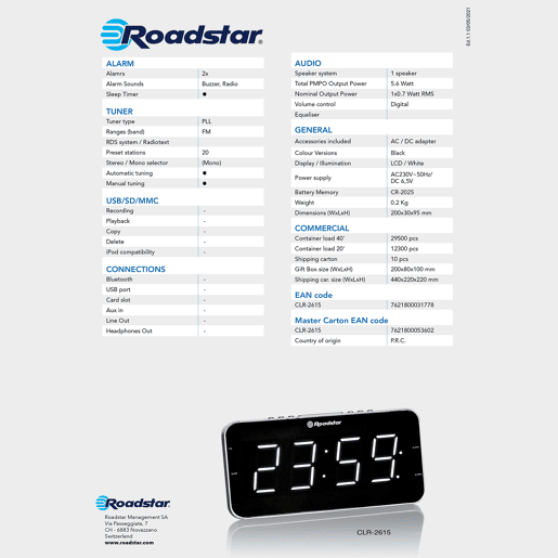 Roadstar CLR-2615 Rádio Despertador FM PLL, 2 Alarmes, Visor LCD grande, Função Soneca, Temporizador, Extra Plano, , Prata negra