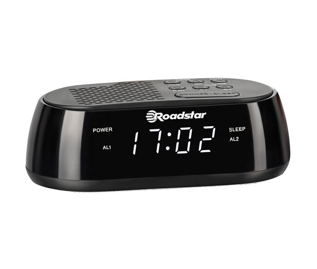 Roadstar clr-2477 radio reloj despertador pll fm, puerto usb carga rápida, 2 alarmas, gran pantalla lcd, snooze, , negro
