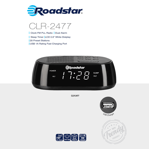 Roadstar CLR-2477 Despertador Digital, Porta USB de Carga Rápida, 2 Alarmes, Visor LCD Grande, Função Snooze, , Preto