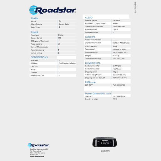 Roadstar CLR-2477 Despertador Digital, Porta USB de Carga Rápida, 2 Alarmes, Visor LCD Grande, Função Snooze, , Preto