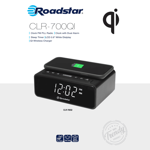 Roadstar CLR-700 Qi Rádio Despertador FM PLL, Tecnologia de Carregador Sem Fios QI, 2 Alarmes, Visor LCD Grande, , Preto Roadstar CLR-700 Qi Rádio Despertador FM PLL, Tecnologia de Carregador Sem Fios QI, 2 Alarmes, Visor LCD Grande, , Preto