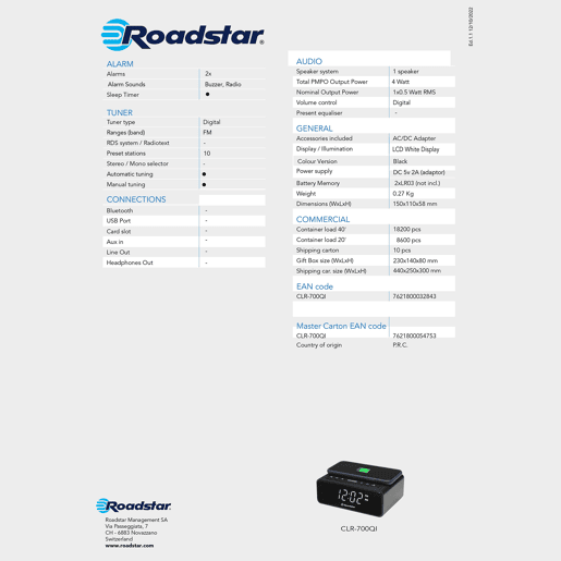 Roadstar CLR-700 Qi Rádio Despertador FM PLL, Tecnologia de Carregador Sem Fios QI, 2 Alarmes, Visor LCD Grande, , Preto Roadstar CLR-700 Qi Rádio Despertador FM PLL, Tecnologia de Carregador Sem Fios QI, 2 Alarmes, Visor LCD Grande, , Preto