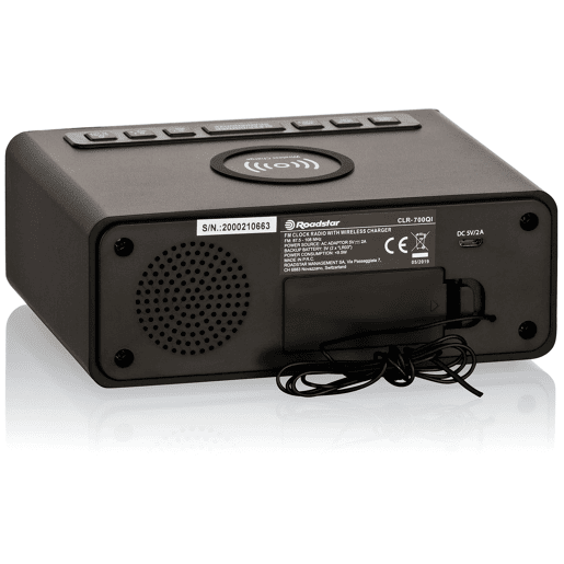 Roadstar CLR-700 Qi Rádio Despertador FM PLL, Tecnologia de Carregador Sem Fios QI, 2 Alarmes, Visor LCD Grande, , Preto Roadstar CLR-700 Qi Rádio Despertador FM PLL, Tecnologia de Carregador Sem Fios QI, 2 Alarmes, Visor LCD Grande, , Preto