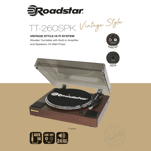 Roadstar TT-260SPK Gira-discos 3 Velocidades 334578 RPM, Altifalantes, RCA Audio Out, AUX IN, Auto Stop, Vintage, , Madeira