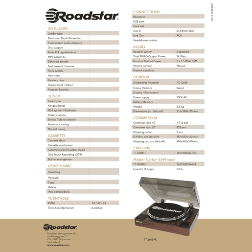 Roadstar TT-260SPK Gira-discos 3 Velocidades 334578 RPM, Altifalantes, RCA Audio Out, AUX IN, Auto Stop, Vintage, , Madeira