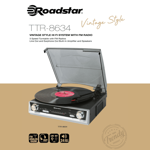 Roadstar TTR-8634 Gira-discos de Vinil 334578 rpm Rádio FM Altifalantes Incorporados Saída RCA Tomada para Auscultadores, , Preto