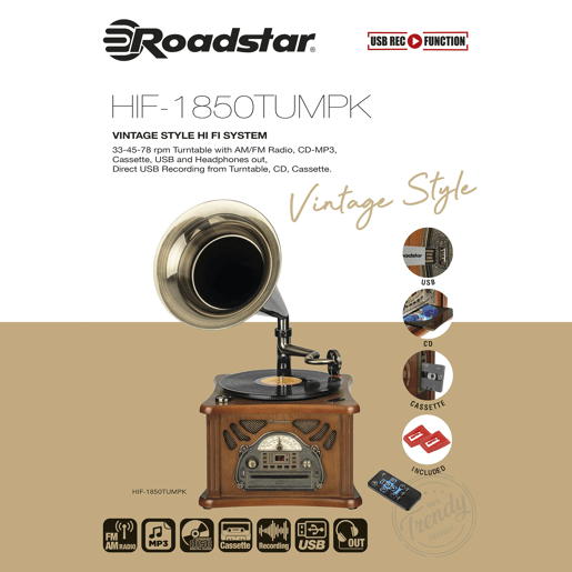 Roadstar HIF-1850TUMPK Gramofone de Madeira Vintage, Giradiscos de Vinil Vintage, Rádio AM FM, CD-MP3, Cassete, USB, , Maderia