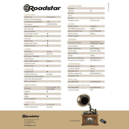 Roadstar HIF-1850TUMPK Gramofone de Madeira Vintage, Giradiscos de Vinil Vintage, Rádio AM FM, CD-MP3, Cassete, USB, , Maderia