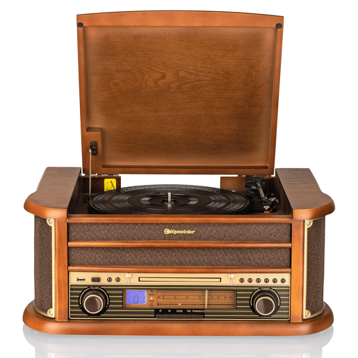 Roadstar HIF-1993BT Gira-Discos Vintage 334578 rpm, Rádio FM, Leitor de CD-MP3, Cassetete, Bluetooth, USB, , Madeira