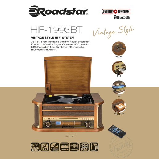 Roadstar HIF-1993BT Gira-Discos Vintage 334578 rpm, Rádio FM, Leitor de CD-MP3, Cassetete, Bluetooth, USB, , Madeira