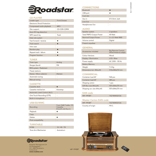 Roadstar HIF-1993BT Gira-Discos Vintage 334578 rpm, Rádio FM, Leitor de CD-MP3, Cassetete, Bluetooth, USB, , Madeira