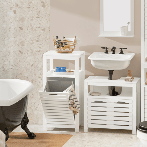 SoBuy Armário de casa de banho com cesto para roupa suja BZR67-W